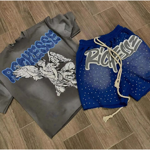 Conjunto de Camiseta y Pantalones Cortos para Hombre, Estampado en Serigrafía, Estilo Vintage, Lavado Ácido, Alta Calidad, Venta al Por Mayor - Product Image 2