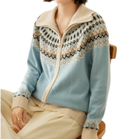 Cardigan 100 % cachemire pour femme, motif Fair Isle, bleu ciel, col montant côtelé, fermeture éclair, veste en cachemire tricotée