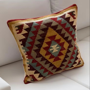 Modern Square Kilim <b>Cushion</b> <b>Cover</b> Hand Loomed Woolen Material with Red Multi-Colour Geometric <b>Design</b> Home Use Woven Technique - Product Image 1