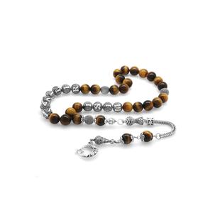 Occhio di tigre in pietra naturale perline di preghiera con nappe di metallo senza appannamento e nome scritto nel taglio della sfera - Product Image 1