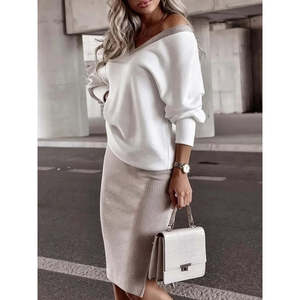 Ensemble deux pièces pour femme, chemisier à manches longues et col en V en viscose à double fil et mini-jupe, 26923 - Beige - Product Image 2