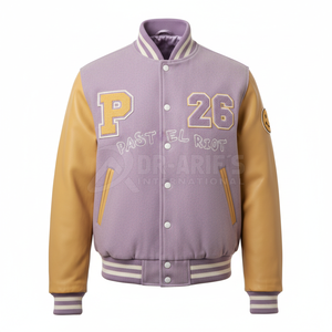 Chaqueta Varsity para Hombre, Color Morado y Dorado, Letra P Bordada, Estilo Preppy Personalizado, Corte Regular, Cuello Alto, Invierno, Impermeable, Forro de Piel de Oveja - Product Image 1