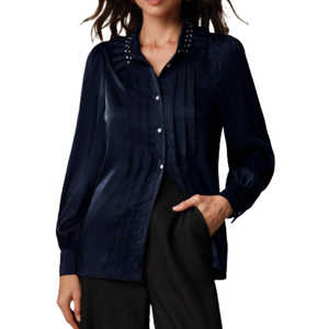 Chemise élégante tricotée à col en V Chemise plissée à manches lanterne avec strass cloutés pour femmes pour vêtements de cérémonie - Product Image 2