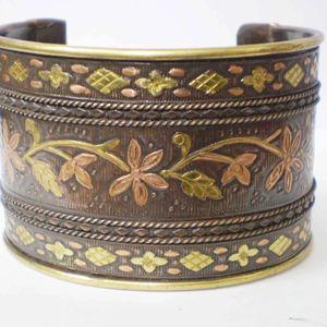 Luxury Mixed <b>Metal</b> Copper Cuff Bangle With Intricate Three Tone Gold Silver And Rose Floral Vine Inlay Sophisticat <b>Metal</b> Craft - Product Image 1