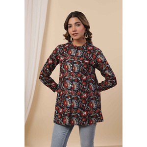 Ulfat Noorjehan <b>Women's</b> Loose Fit <b>Black</b> Printed Linen-Cotton Casual Top - Product Image 1