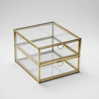 Caja Organizadora Cuadrada de Latón y Vidrio de Lujo Moderno, con Dos Cajones, para Joyería, Mini Accesorios, Uso en Sala de Estar, Ahorro de Espacio