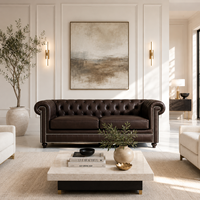 Sofá Chesterfield Contemporáneo de Cuero Genuino Marrón Oscuro, Tres Plazas, Hecho a Mano, Muebles de Lujo para Sala de Estar, Hotel, Villa, con Espuma