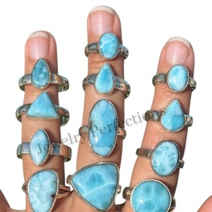 Anneaux en argent sterling plaqué de pierres précieuses de larimar naturelles de haute qualité, vente en gros, anneaux de mode en pierres précieuses en laiton, bijoux imperméables - Product Image 3