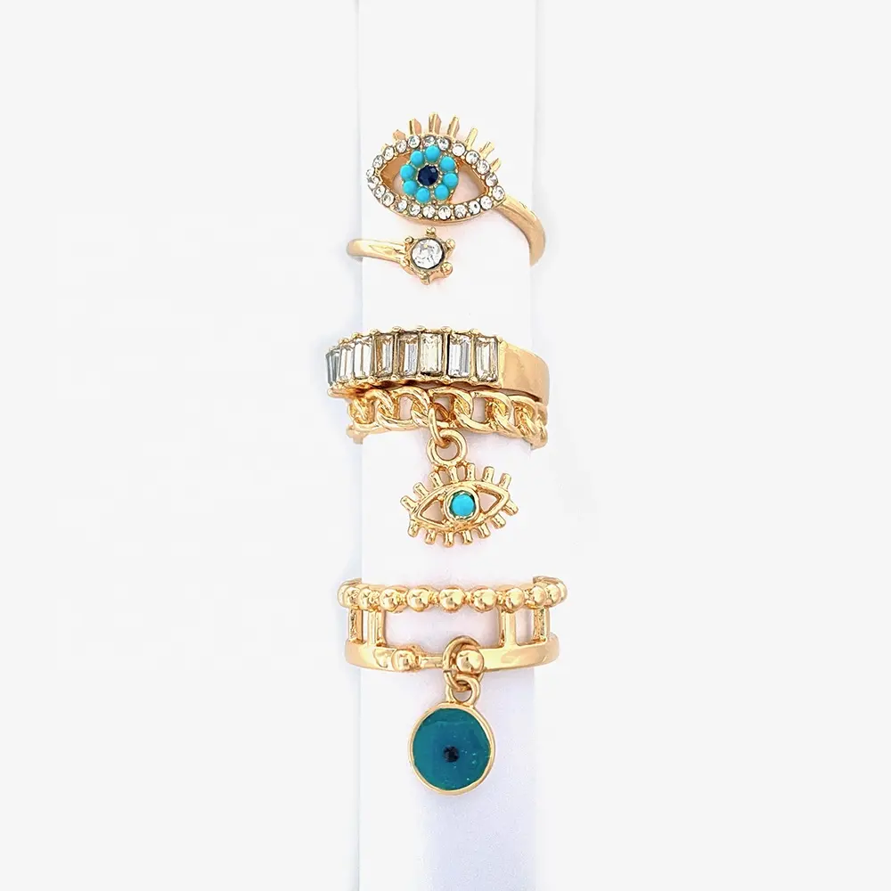 Fashion Jewelry14k crystal gemstone blue epoxy eye diamond gold plated pendant set Rings for women