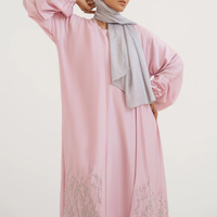 Robe de soirée classique et modeste style Abaya 2024, rose en organza perlé, avec traîne chapelle, longueur cheville, pour femme musulmane, idéale pour l'Aïd
