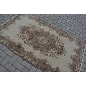 Tapis traditionnel en laine marron beige 3.7x6.6 pieds fait à la main Vintage turc Rectangle Patchwork Design Latex pour adolescents tapis de chevet - Product Image 4