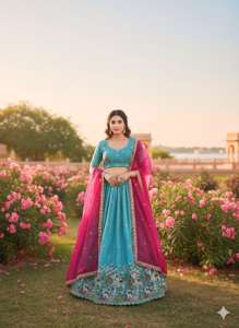 Sari de seda premium de oro puro con blusa y dupatta, bordado para fiesta, sin arrugas, que absorbe la humedad - Product Image 5