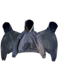 Hoodie unisexe personnalisé épais, coupe oversize, délavé à l'acide, effet vieilli vintage, en molleton bouclette, style streetwear, effet soleil délavé, déchiré et court - Product Image 3