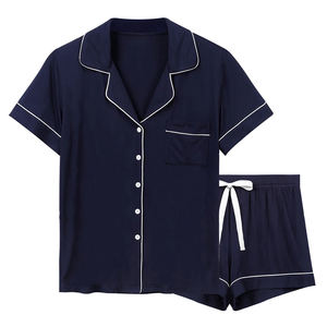 Verano mujer personalizado Sexy sin mangas satén ropa de dormir Azul 2 piezas ropa de noche sección delgada señoras Sling corto estampado liso - Product Image 3