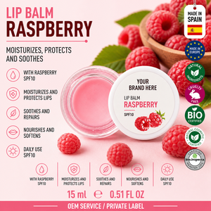 Bálsamo Labial de Frambuesa de Marca Privada SPF10 15ml OEM |   Cuidado Labial Hidratante con Manteca de Karité y Vitamina E |   España UE - Product Image 1