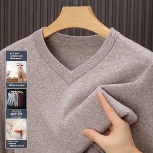 Vente en gros de pulls en laine mérinos col V à manches longues pour hommes pull ample en pure laine pull col V hiver pull tricoté solide - Product Image 4