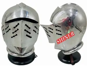 European Closed Helmet - Medieval Knight Helmet Steel Fancy Armor Costume Dress Silver Finish Full Face Helmet With Stand