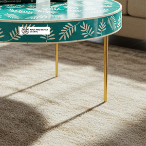 Table basse ronde moderne en os et résine indiens avec motif floral et base en métal doré - Product Image 4