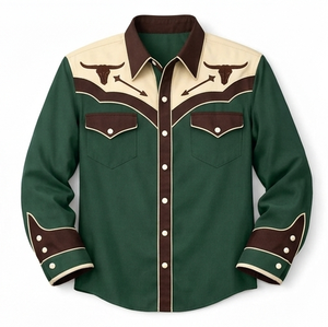 Chemise de cowboy western pour homme à manches longues, broderie sérigraphiée tête de taureau, contraste vert-marron, décontractée, ODM - Product Image 1