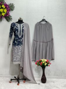 ชุด Plazo ที่สวยงาม Georgette เทียมหนักพร้อมลําดับการเย็บปักถักร้อย 5 มม. งานหนักด้วยผ้าฝ้ายไมโครคุณภาพสูง Latkan Dori - Product Image 4