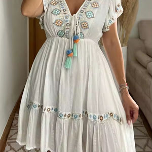 2024 Premium Collection Mère Belle Bohème Plage À Manches Courtes Vintage Multicolore Brodé Coton Bouton Naturel - Product Image 6