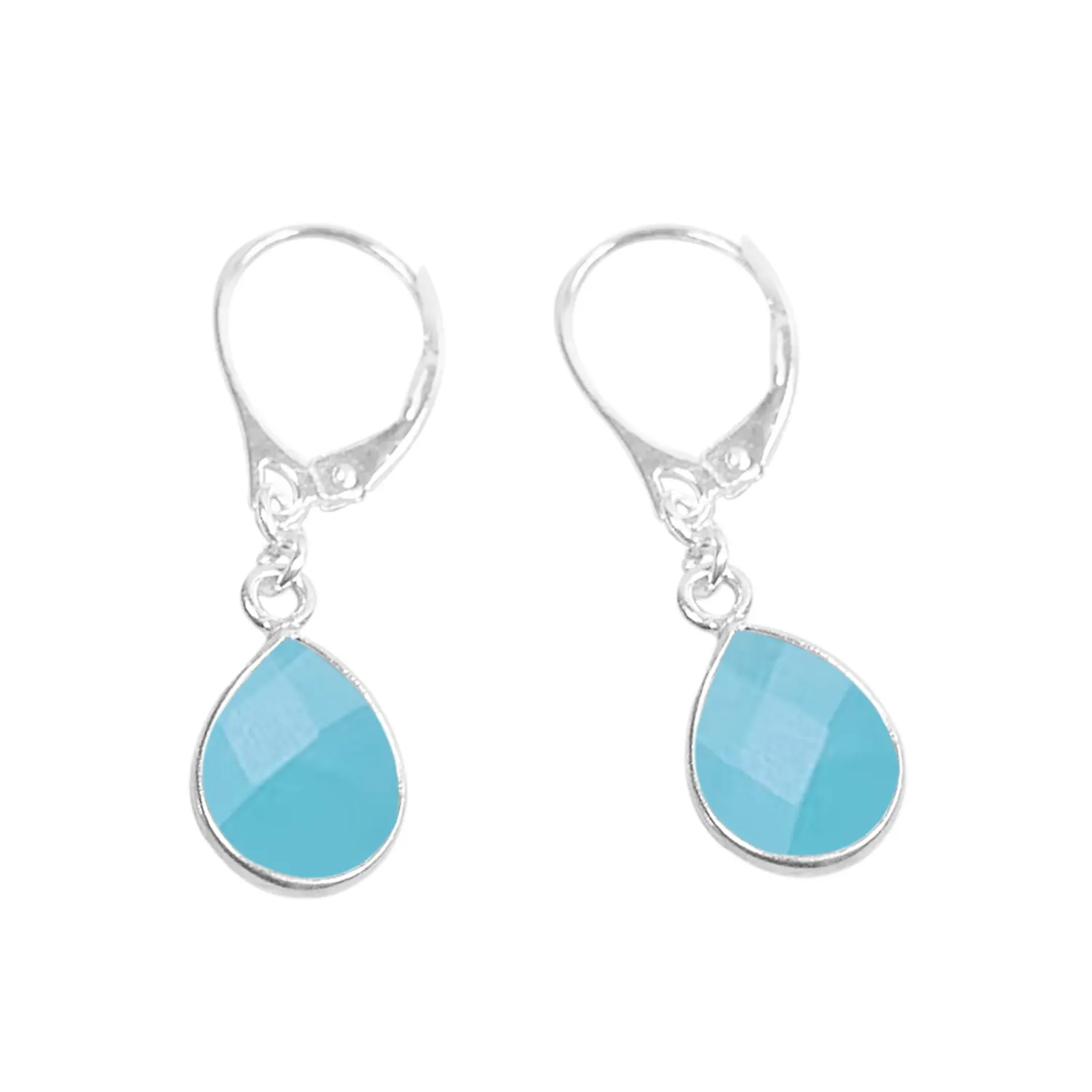 925 Sterling Silver Pear Faceted Sky Blue Chalcedony Gemstone Bezel Setting Sterling Silver Lever Back Earrings Jewelry