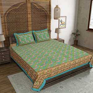 Juego de Sábanas Dobles con Estampado Jaipuri y 2 Fundas de Almohada, 100% Algodón Verde, 240 Hilos, Cómodo para Uso en Casa o Spa, Juego de 3 Piezas (ADB1384) - Product Image 1