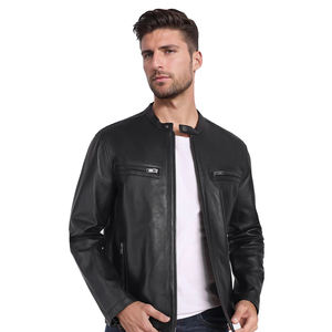Chaqueta de cuero genuino para hombre de alta calidad con cierre de cremallera y cuello alto | Diseño ajustado de moda para Otoño e Invierno - Product Image 3