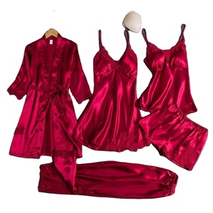 Women's Elegant Summer Ice Silk Long Sleeve Sleepwear V-Neck <b>Bath</b> Robe Included Five-Piece Set in Plus Size Front Logo - Product Image 1