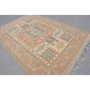 Alfombra Kilim Turca Vintage Ecológica Exclusiva de Alibaba, 6' X 9.5', Diseño de Retazos Azul Naranja Intenso, Lana de Pelo Medio, Látex - Product Image 4