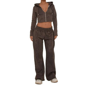 Winter Women's Ribbed 2-Piece Set With Long Sleeve Zip-Up Tops and High-Waist <b>Leggings</b> Acid Wash <b>Cropped</b> Tracksuits - Product Image 1