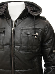 Chaqueta de Cuero con Capucha, Chaquetas de Motociclista de Cuero, Ropa, Chaqueta Bomber para Hombre, Prenda Exterior Cortavientos, Chaquetas de Cuero Real para Invierno, Revestidas - Product Image 4