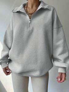 Sudadera gris claro de gran tamaño con media cremallera, jersey de lana de algodón con cuello alto, hombros caídos, ropa de calle informal holgada Unisex - Product Image 3