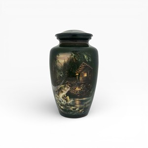 Urna Funeraria con Diseño de Cabaña en un Bosque Oscuro y Pesca, con Arte de la Naturaleza Nocturna y Tapa Segura para Exhibir Cenizas Conmemorativas - Product Image 1