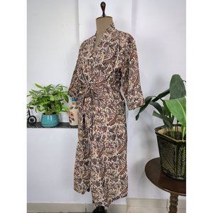 Bata de Casa Boho de Algodón Puro, Vestido de Verano con Estampado Indio Hecho a Mano, Diseño Paisley Persa, Rojo Beige, Talla King, Lujosa, Suave, para Playa, Vacaciones, Yate - Product Image 4
