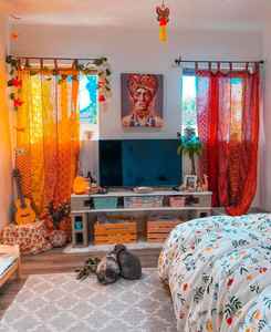 Saree en soie indienne Sari Sheer Boho rideau gitane hippie bohème moderne Floral écologique pleine lumière ombrage maison cantonnières - Product Image 1