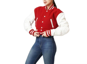Custom Cropped <b>Wool</b> Printed Eco-Friendly Varsity Jacket for Women Red <b>White</b> Baseball Style - Product Image 5