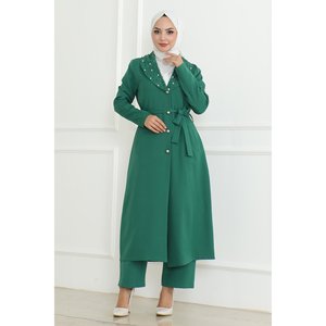 MSW19216-4 Ensemble décontracté avec détails émeraude, hauts longs mi-longueur, col rond, manches longues, 100% polyester - Product Image 1