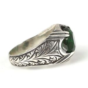925 Sterling <b>Silver</b> Men's Eternity <b>Ring</b> with Oval Cut Synthetic <b>Emerald</b> Trendy One Size Inlay Setting Gift - Product Image 3