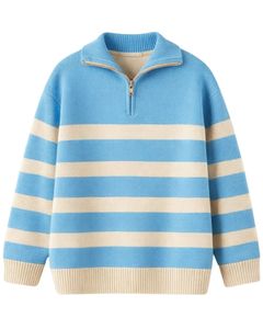 Suéter de Punto Personalizado para Hombre, con Cierre de Cremallera de un Cuarto, Color Azul Cielo y Rayas, Tejido Suave, Cálido, Informal, para Invierno, OEM Personalizado - Product Image 1
