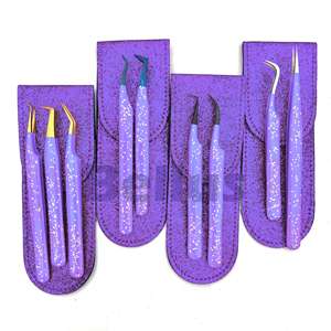 Pinzas de extensión de pestañas con 2 uds. Bolsa de almacenamiento de cuero PU Estuche de viaje púrpura Embalaje con logotipo personalizado - Product Image 5