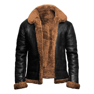 Venta al por mayor de fábrica Hombres RAF Bomber Cálido Grueso Piel de oveja Piel de cordero Largo Shearling Chaquetas de cuero genuino Moda de invierno - Product Image 1