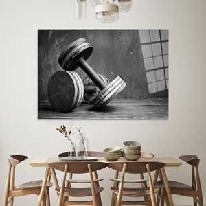 Elegante Impresión en Lienzo de Mancuernas en Blanco y Negro: Decoración Artística para Gimnasio, Arte en Vidrio Templado - Product Image 1