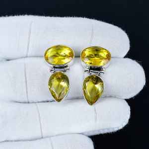 Boucles d'oreilles pendantes uniques en argent sterling 925 massif avec pierres précieuses en citrine jaune, cadeaux d'anniversaire et de Noël - Product Image 5