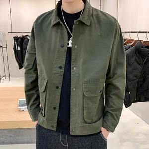 Veste matelassée en cuir d'agneau pour homme, style streetwear Harajuku, bouton unique, couleur unie, col montant, poches cargo, coton - Product Image 1