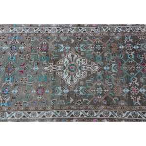 2.6x9.8 ft Vintage Runner Rug, <b>Brown</b> Blue Turkish Polka dot <b>Wool</b> Rug - Product Image 5