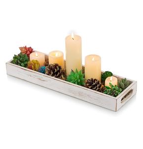 Plateau de service décoratif en bois: Plateau rustique long et étroit pour bougie en bois de ferme avec poignées découpées rectangulaires - Product Image 1