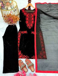 Traje Dupatta de Terciopelo de Viscosa Pura con Bordado, Estilo Vintage para Oficina, Recto, Otoñal, de Alta Calidad, con Dupatta Bordada en Ambos Lados - Product Image 5