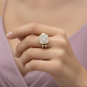 Elegant Gold Cocktail Square Cluster Halo <b>Split</b> Shank Natural Diamond <b>Ring</b> for Women's - Product Image 5