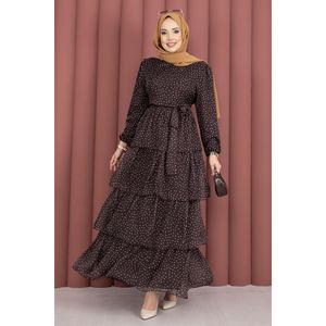 Vestido de Gasa Marrón con Estampado de Puntos, Cinturón en Capas, Cintura Imperio, Silueta en A Modesta - Product Image 2